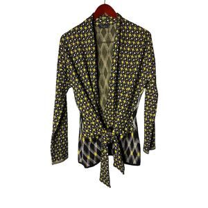 Etro black yellow wool blend open cardigan tie waist sz L